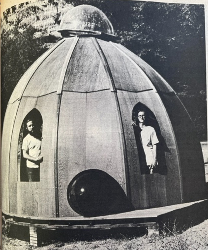 A 1972 Sebastopol Times newspaper photo clipping of a redwood ‘pod’ dwelling, built by Paul and Bruce Paddock of Living Spaces.